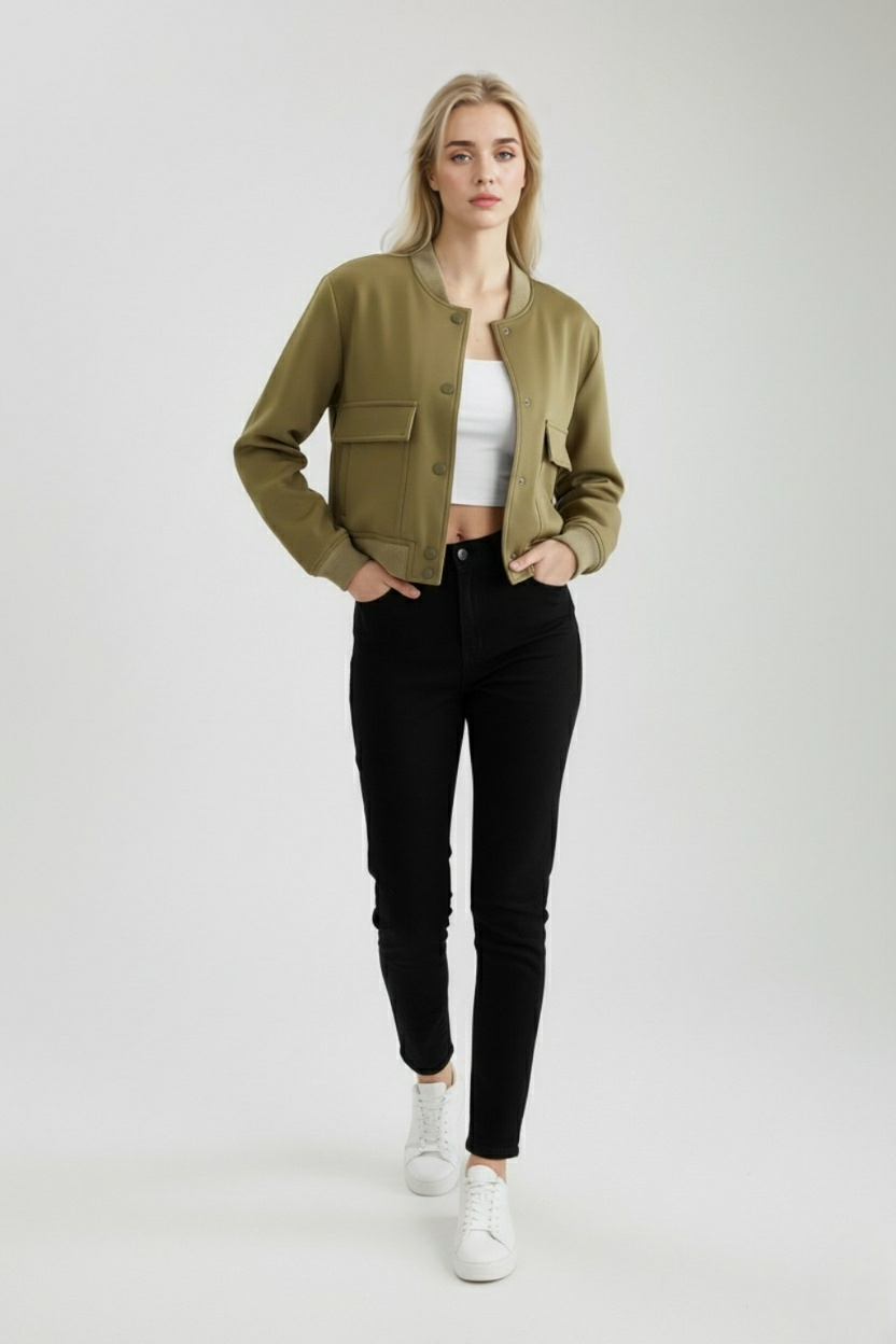 Jacket : Women's Bomber Jacket - Military Green in van Vanda Liamo