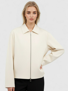 Women's Ivory Casual Bomber Jacket with Ribbed Trim