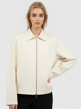 Women's Ivory Casual Bomber Jacket with Ribbed Trim