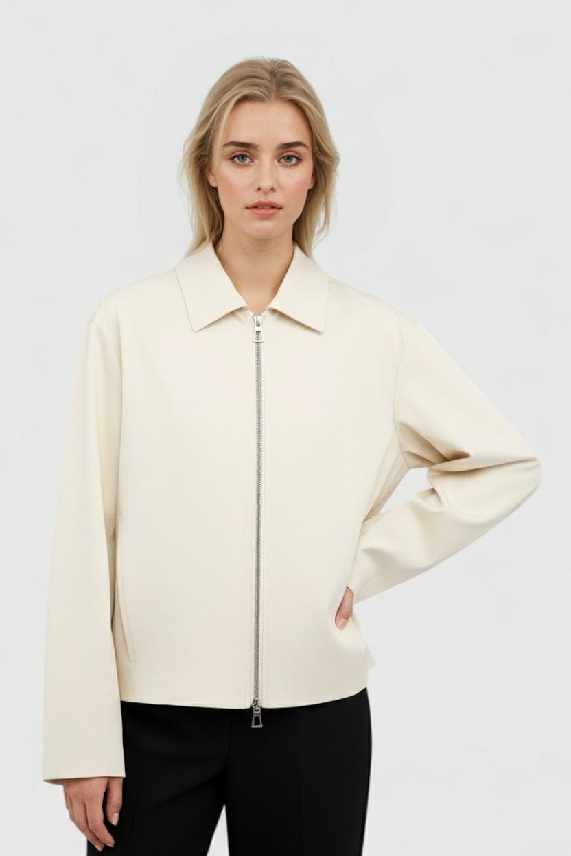 Jacket : Women's Ivory Casual Bomber Jacket with Ribbed Trim in van Vanda Liamo