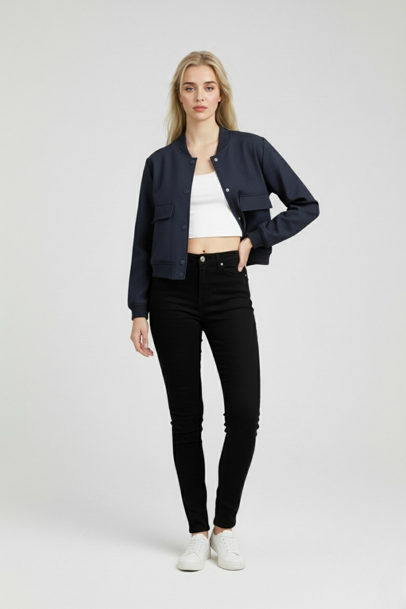 Jacket : Women's Navy Blue Lightweight Bomber Jacket - Casual Zip-Up Style in van Vanda Liamo