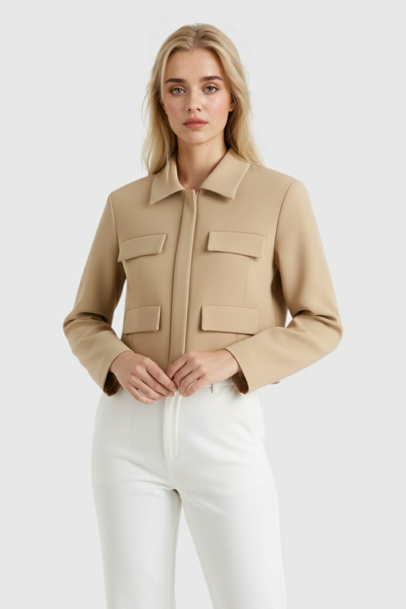 Jacket : Women's Khaki Cropped Button Jacket in van Vanda Liamo