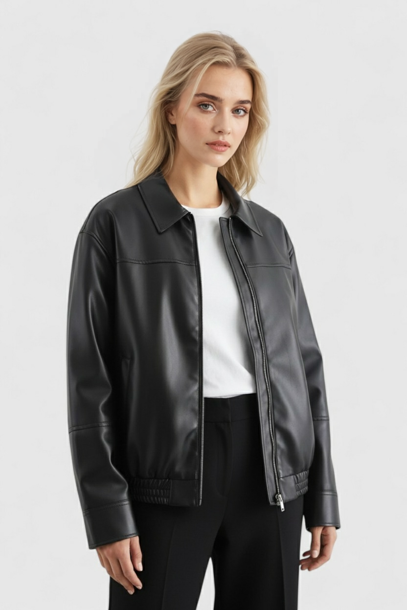 Jacket : Women's Black Faux Leather Aviator Jacket - Warm Winter Coat, S-XL in van Vanda Liamo