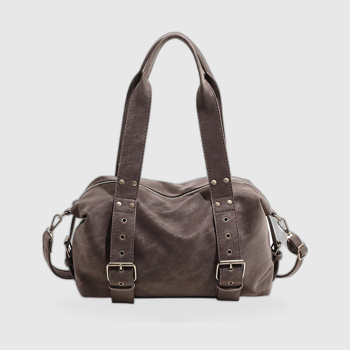 Shoulder Bag : Structured Baguette Shoulder Bag – Studded Vegan Leather in Coffee van Vanda Liamo