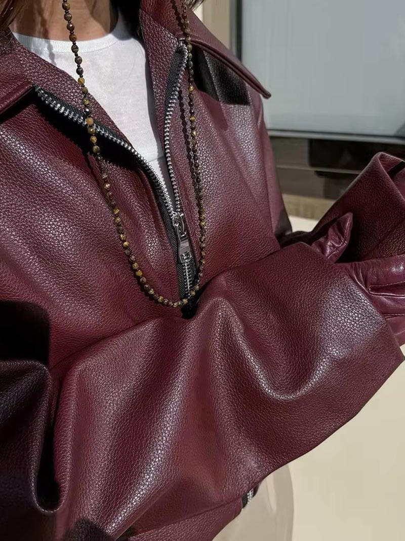 Women's Short Faux Leather Jacket with Zip and Collar