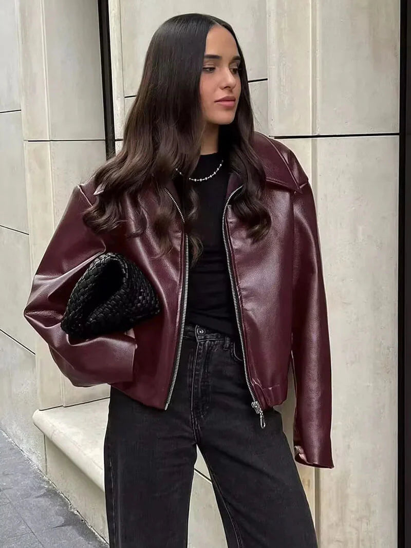 Women's Short Faux Leather Jacket with Zip and Collar