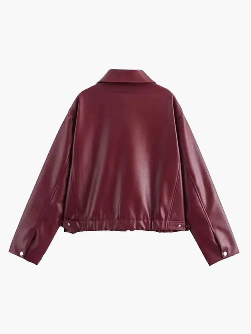 Women's Short Faux Leather Jacket with Zip and Collar