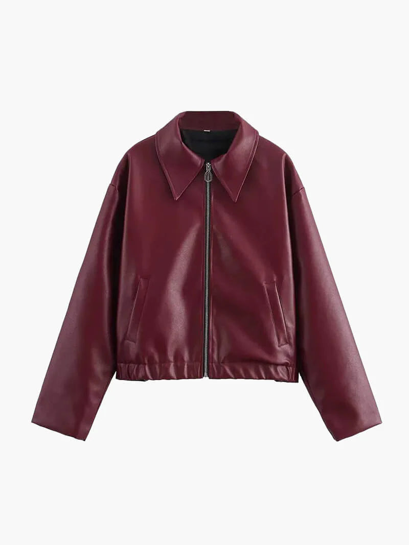 Women's Short Faux Leather Jacket with Zip and Collar