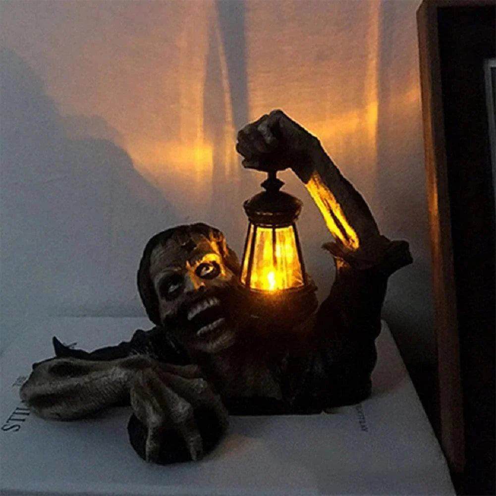 Zombie Garden Figure with Lantern - Resin Halloween Decor