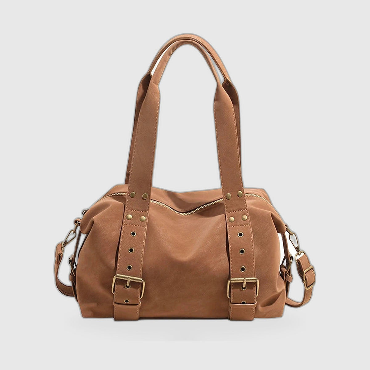 Shoulder Bag : Structured Baguette Shoulder Bag – Studded Vegan Leather in Brown van Vanda Liamo