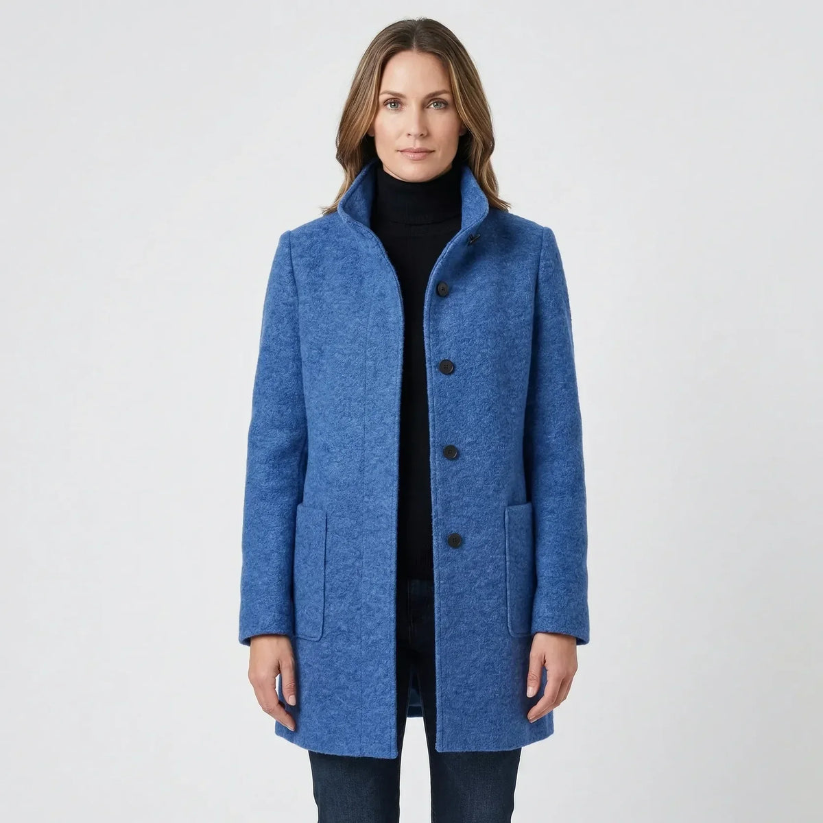 Outerwear : Women's Mid-Length Coat - Stand-Up Collar with Single-Breasted Buttons in van Vanda Liamo