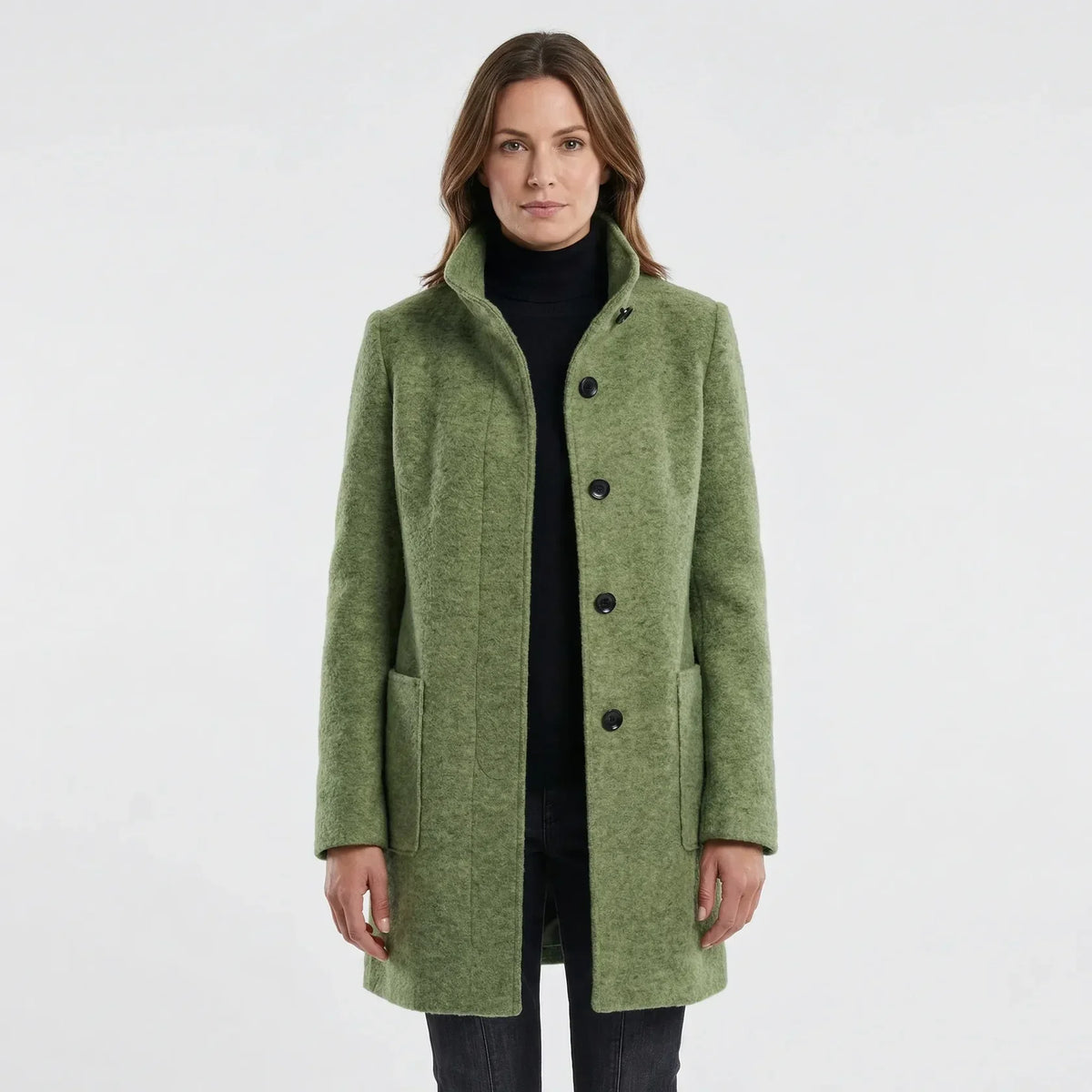 Outerwear : Women's Mid-Length Coat - Stand-Up Collar with Single-Breasted Buttons in van Vanda Liamo