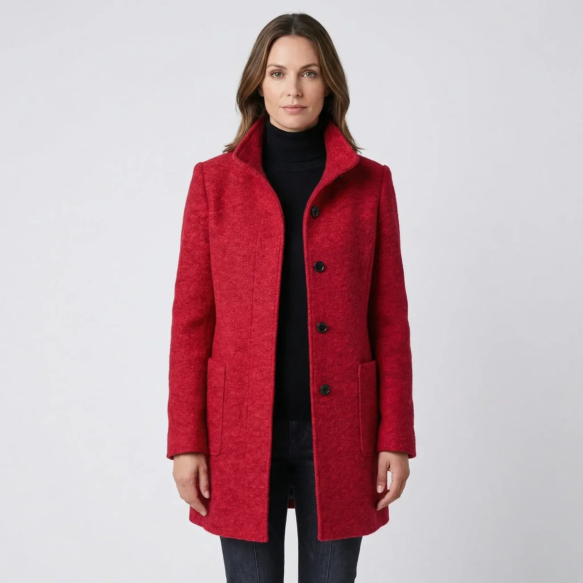 Outerwear : Women's Mid-Length Coat - Stand-Up Collar with Single-Breasted Buttons in van Vanda Liamo