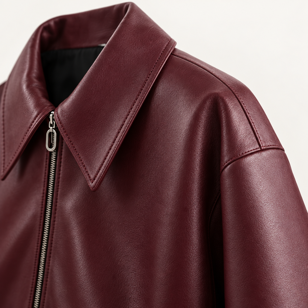 Women's Short Faux Leather Jacket with Zip and Collar