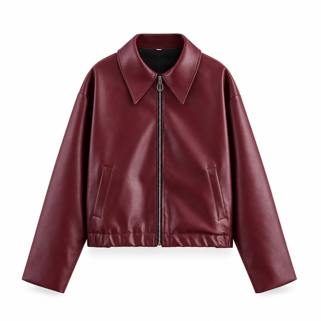 Women's Short Faux Leather Jacket with Zip and Collar