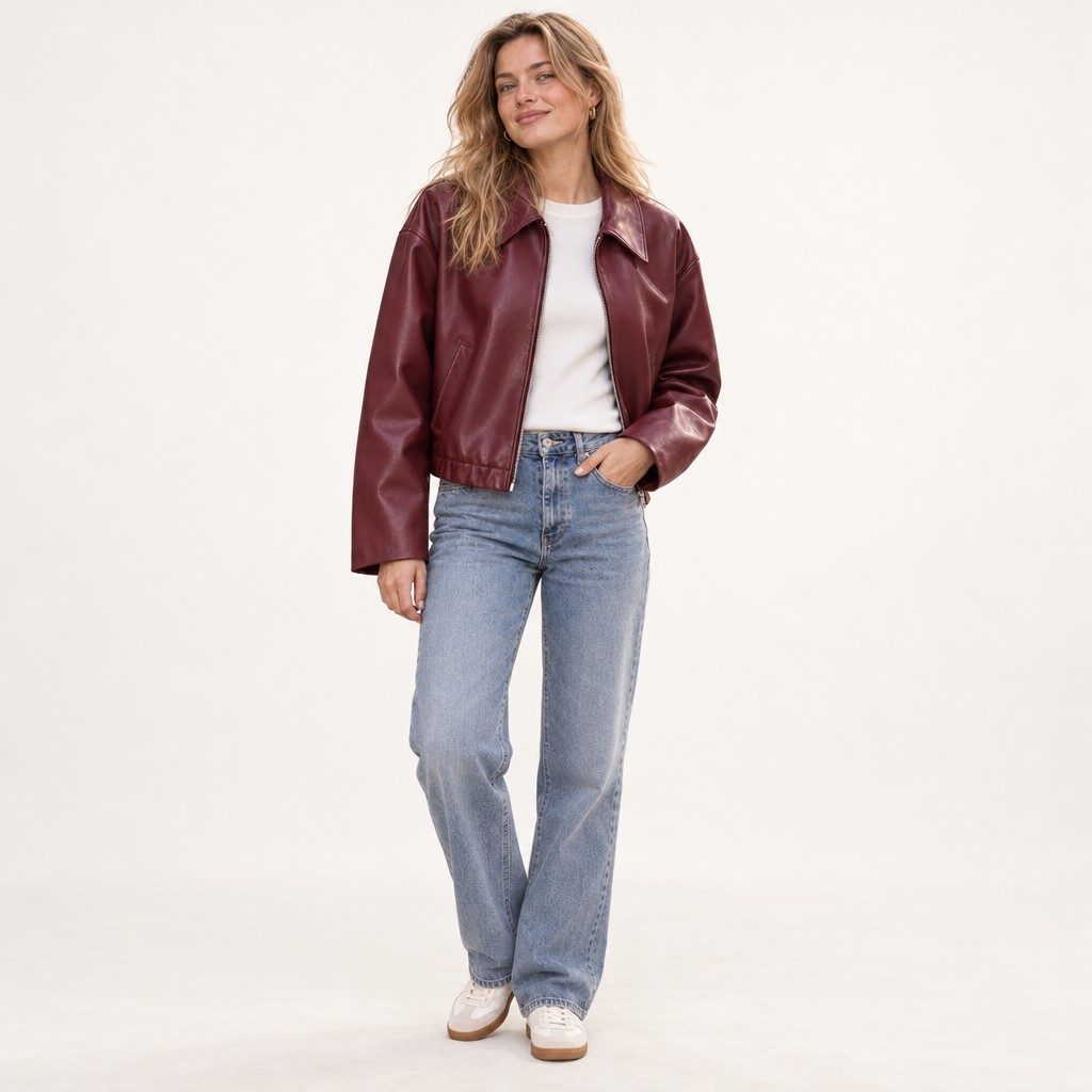 Women's Short Faux Leather Jacket with Zip and Collar