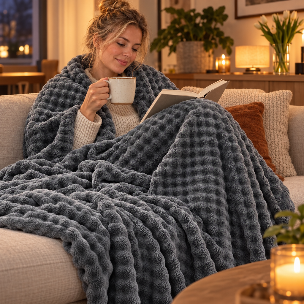 Textured Coral Fleece Throw Blanket for Sofa and Bed