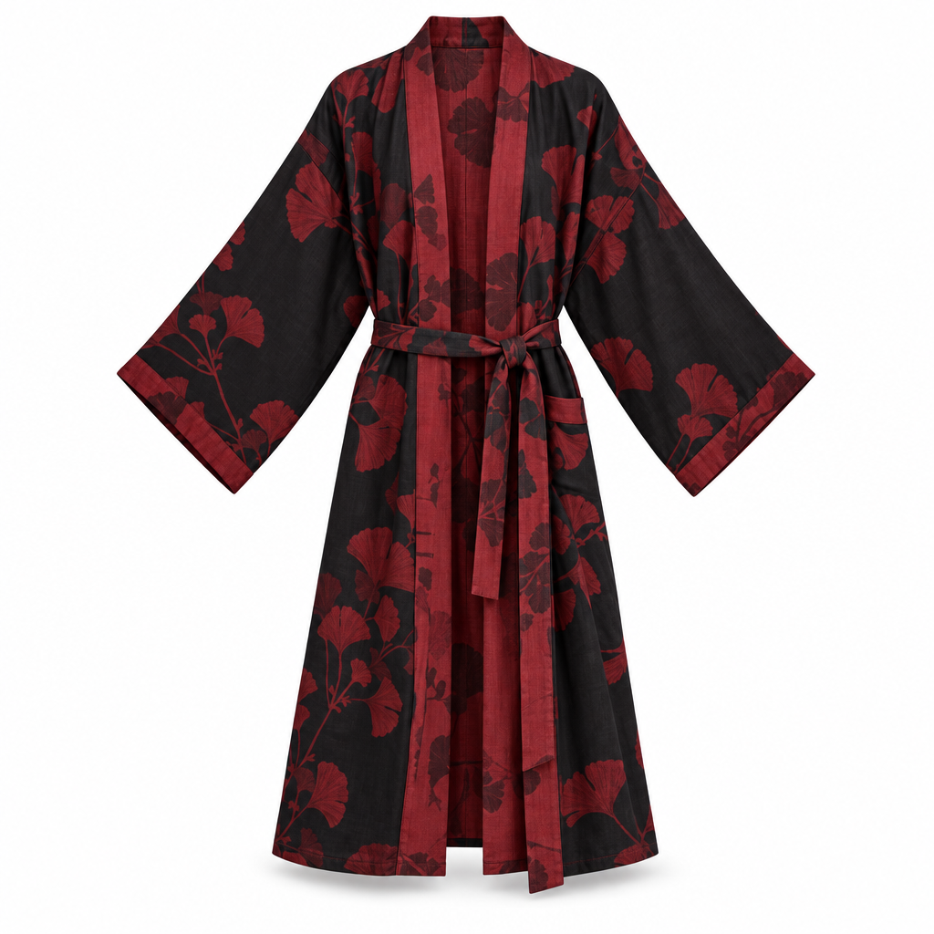 Cotton Kimono Bathrobe with Reversible Leaf Pattern