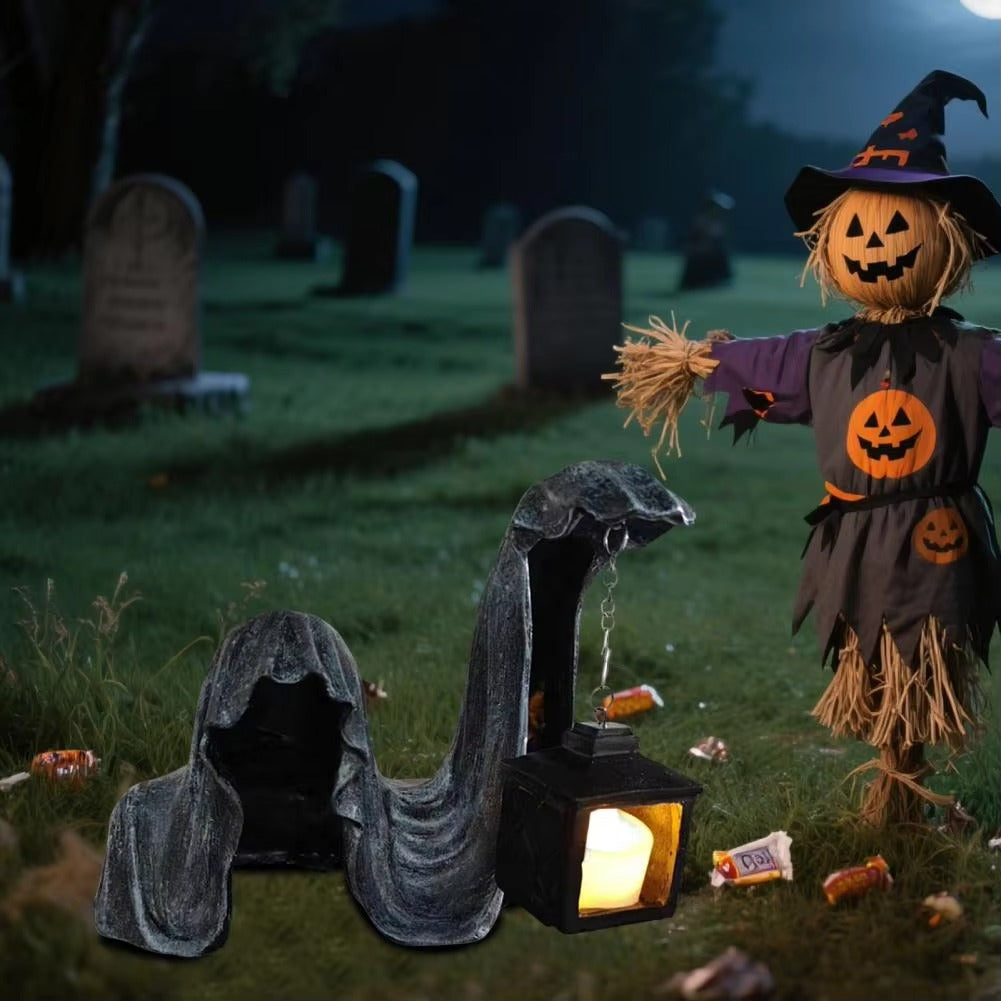 Ghost Figure with Lantern - Glowing Halloween Decoration Gray