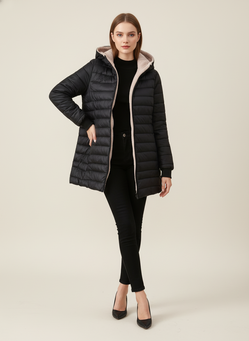 Women's Mid-Length Hooded Fleece-Lined Jacket