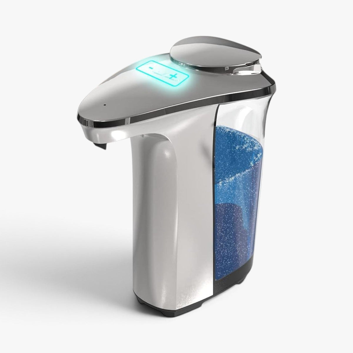 Roselva automatic touchless soap dispenser in silver brushed aluminum with a transparent 500ml reservoir.