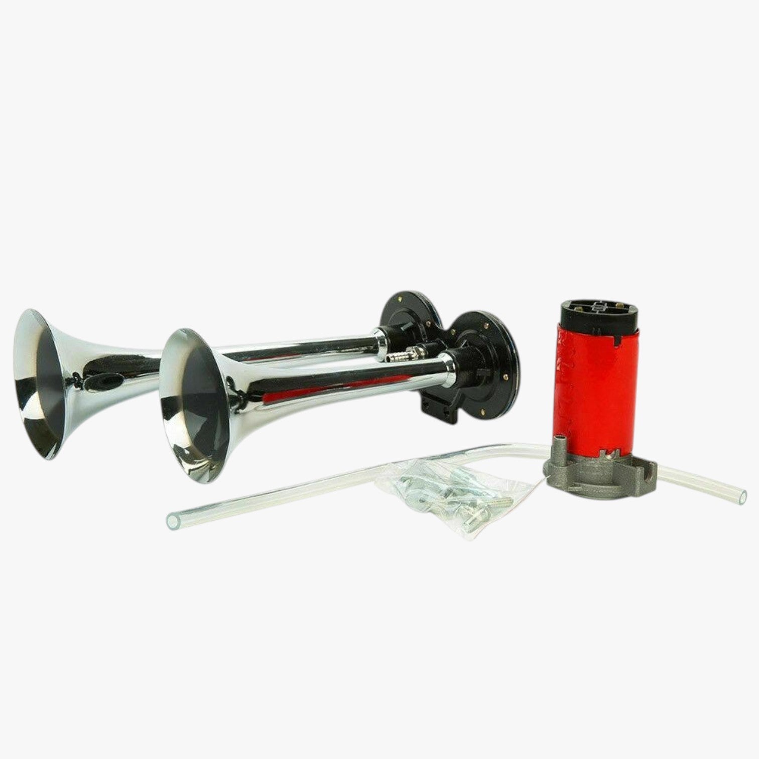 Roselva 150dB dual trumpet air horn kit with chrome finish and red compressor for 12V vehicles