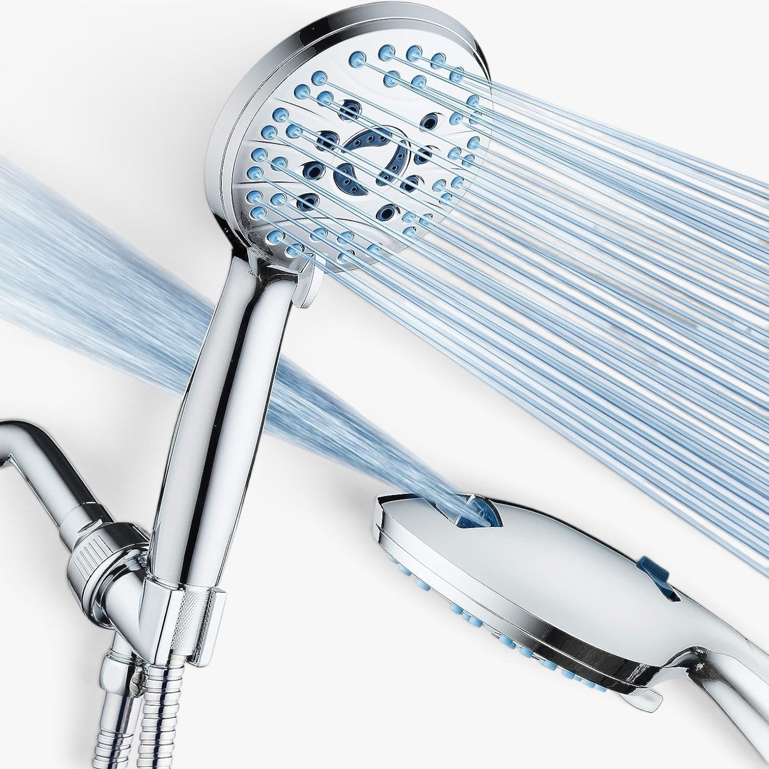 Roselva chrome handheld shower head with 8 spray settings, anti-clog nozzles, and a flexible stainless steel hose.