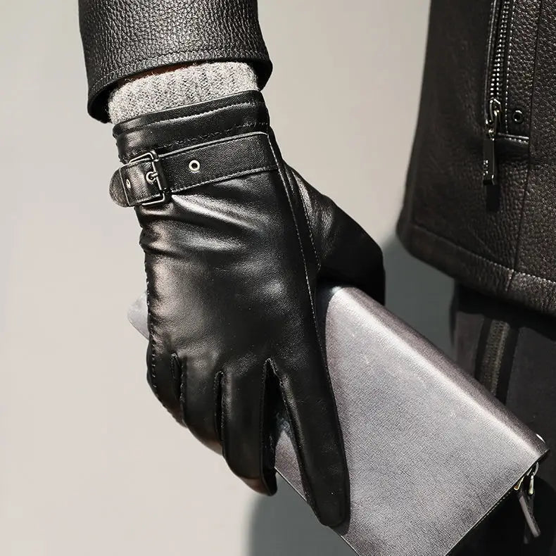 Gloves : Men's Leather Gloves with Cashmere Lining and Touchscreen Function in Black van Vandaliamo