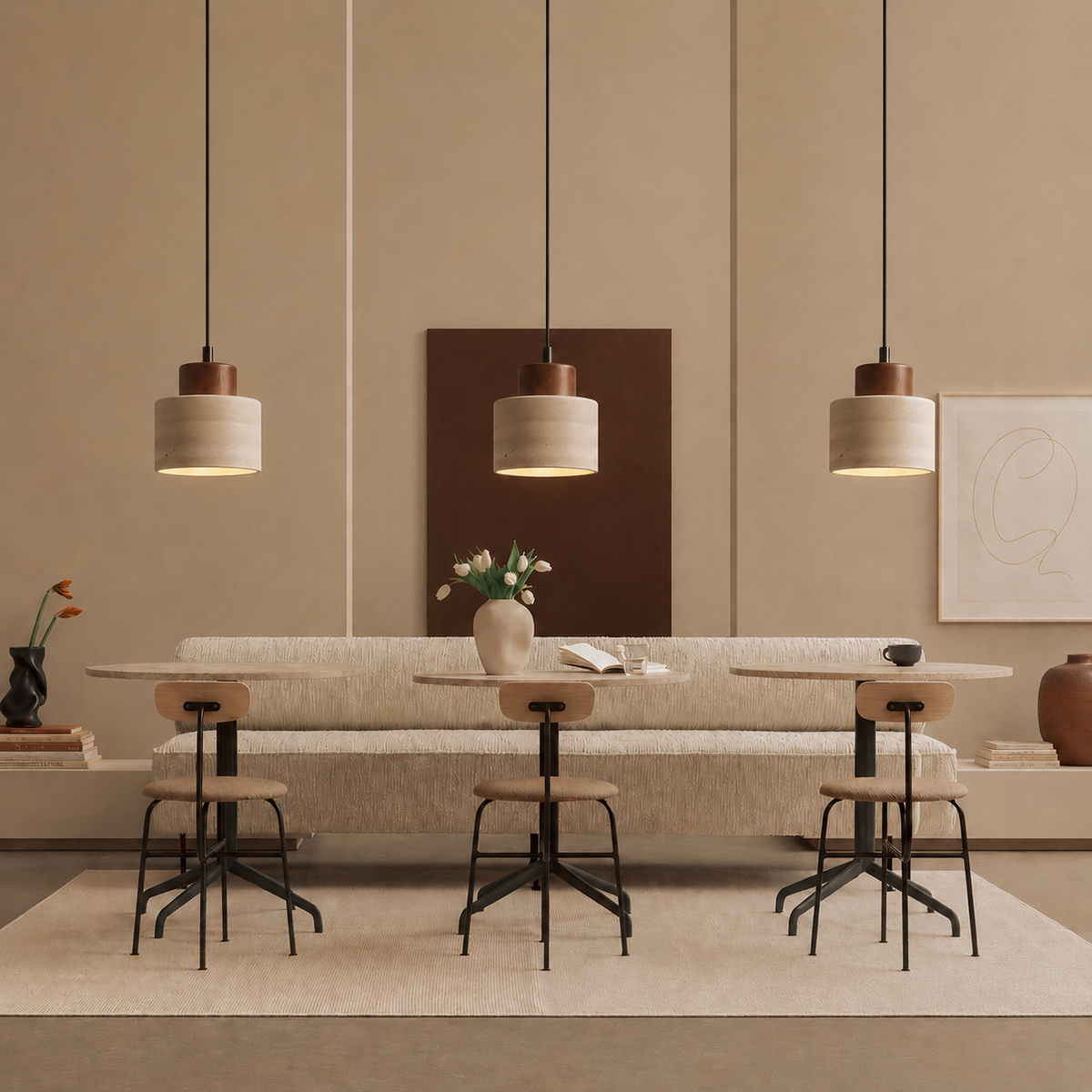 Travertine Pendant Lamp - Natural Stone & Wood, Dimmable