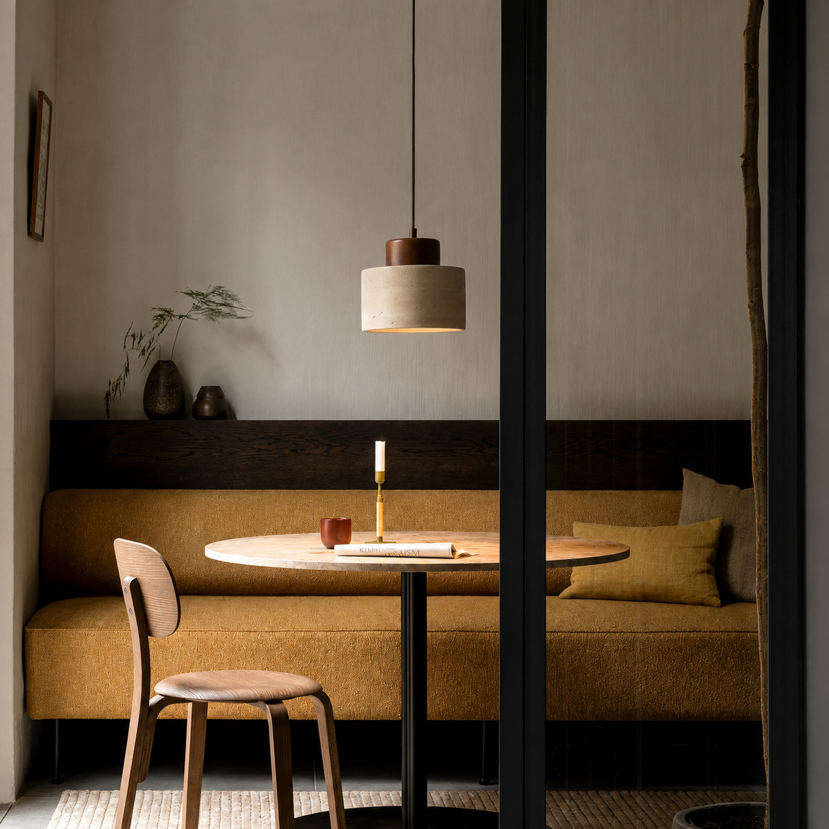 Travertine Pendant Lamp - Natural Stone & Wood, Dimmable