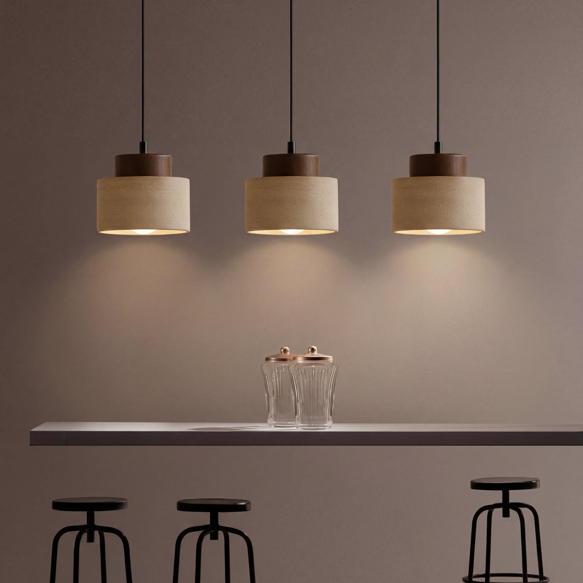 Travertine Pendant Lamp - Natural Stone & Wood, Dimmable
