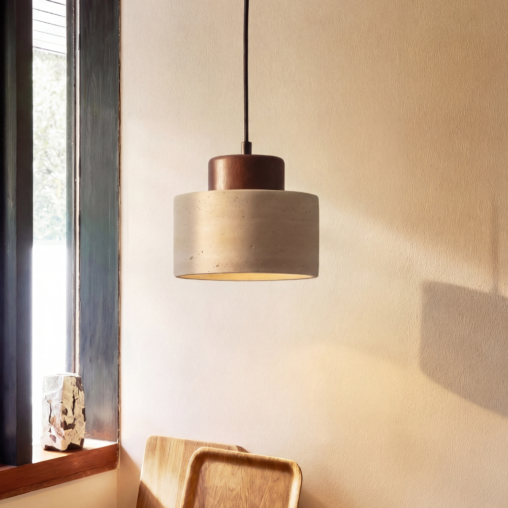 Travertine Pendant Lamp - Natural Stone & Wood, Dimmable