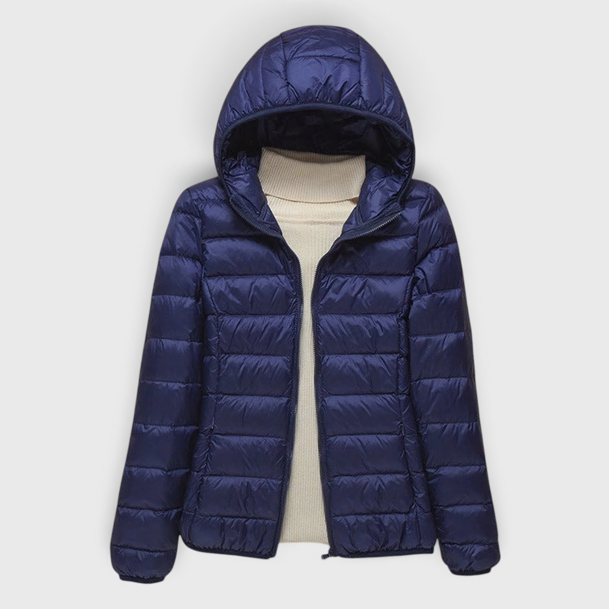 Fashion : Women's Quilted Puffer Jacket with Hood in Navy Blue van Vanda Liamo