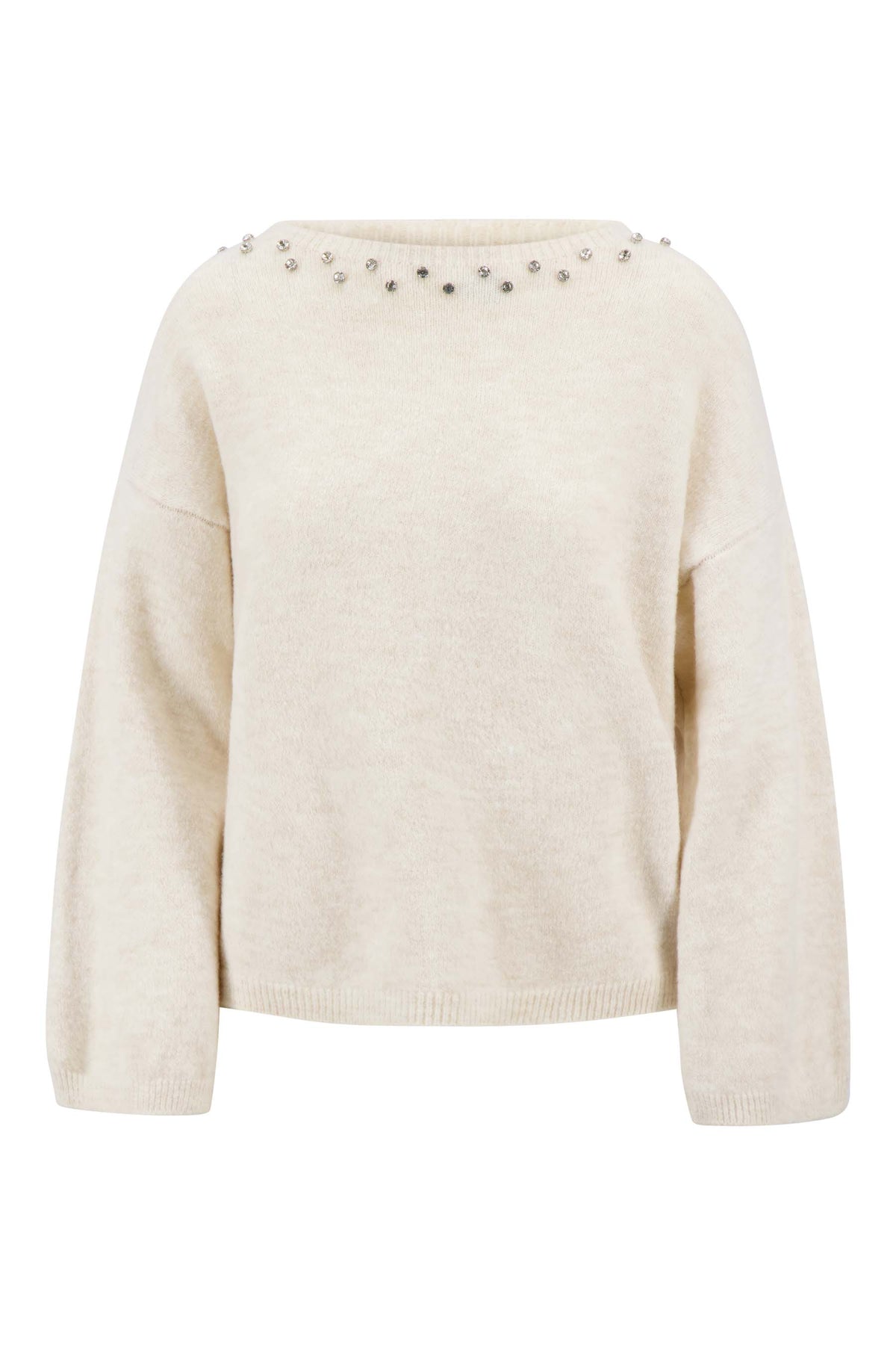 Sweater : Fluffy Sweater with Rhinestone Neckline in Cream White van Vandaliamo