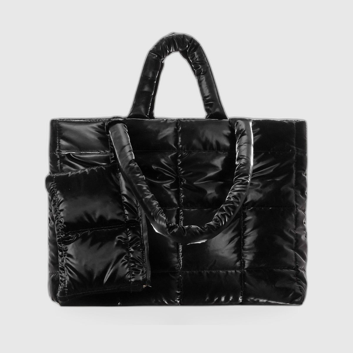 Puffer Tote Bag : Padded Puffer Tote Bag – Quilted Glossy Everyday Carryall in Black van Vanda Liamo