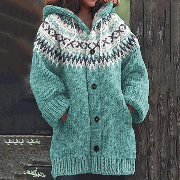 Women's Hooded Knit Cardigan with Fair Isle Pattern