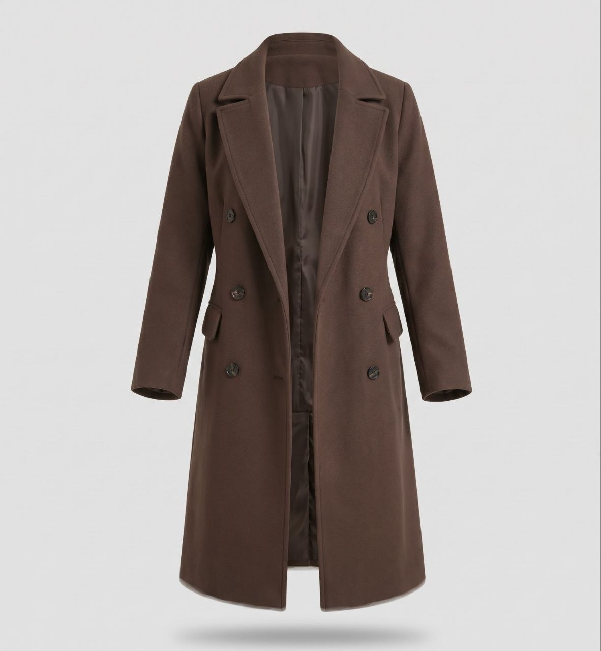 Fashion : Women's Double-Breasted Long Coat with Lapel Collar in Dark Brown van Vanda Liamo
