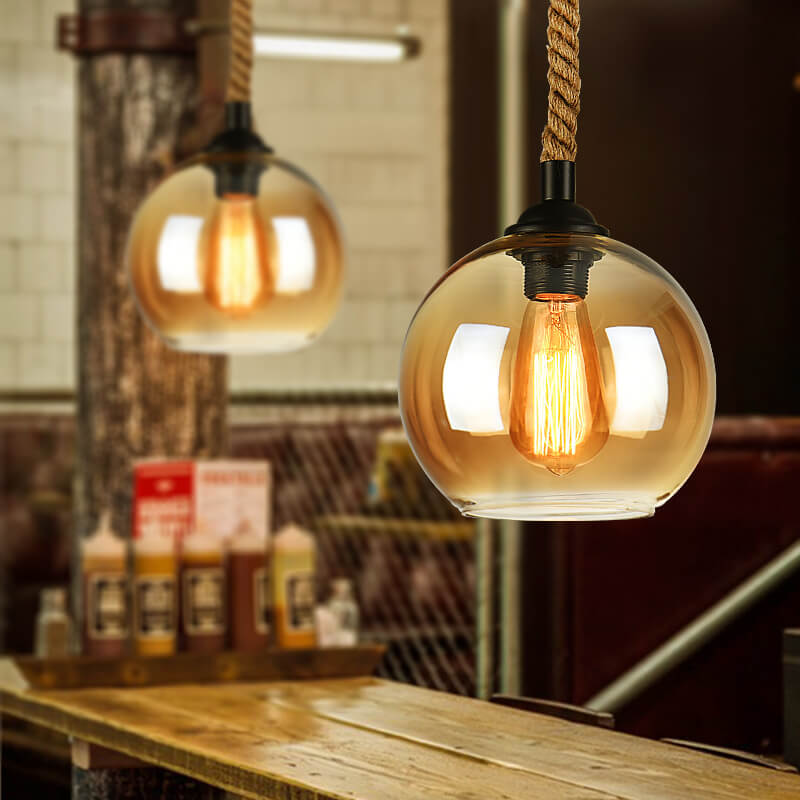 Glass Globe Pendant Lamp with Hemp Rope - Vintage Lighting Design