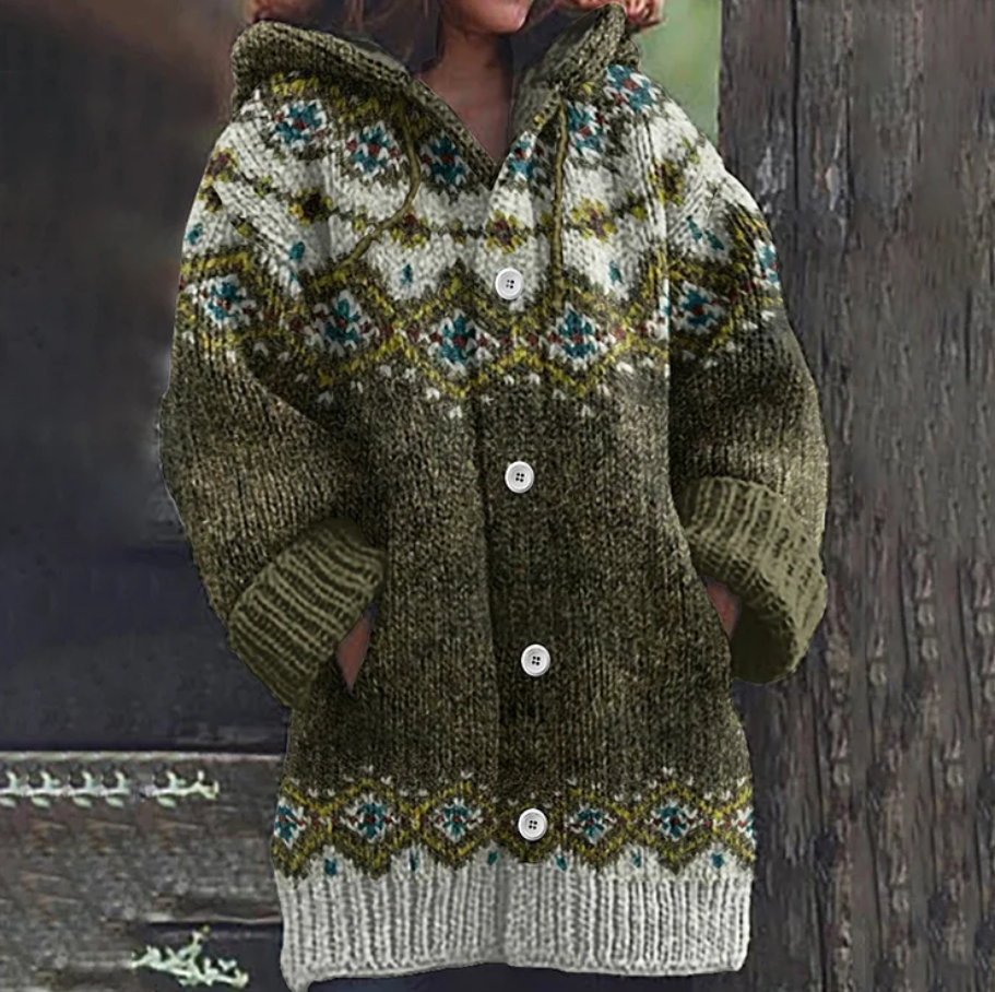 Women's Hooded Knit Cardigan with Fair Isle Pattern