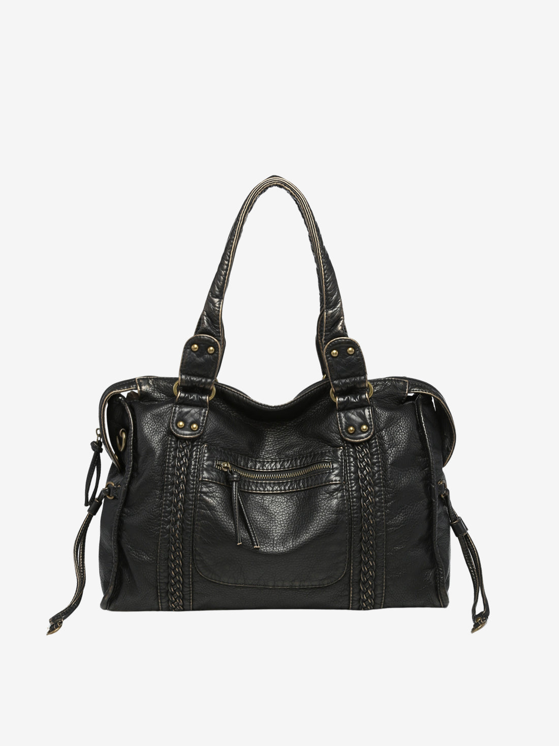Black Shoulder Bag Women - Trendy Faux Leather Handbag with Zipper Pockets