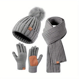 Winter Accessories : 3-in-1 Winter Set - Knit Hat, Scarf, and Touchscreen Gloves in Light Grey van Vanda Liamo