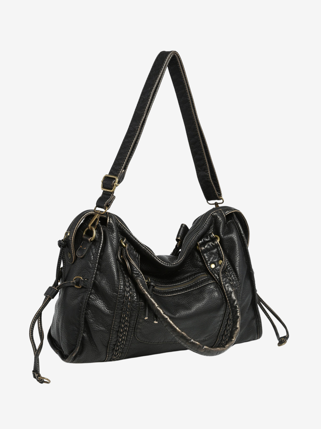 Black Shoulder Bag Women - Trendy Faux Leather Handbag with Zipper Pockets