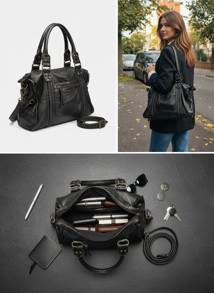 Black Shoulder Bag Women - Trendy Faux Leather Handbag with Zipper Pockets