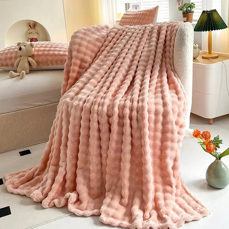 Textured Coral Fleece Throw Blanket for Sofa and Bed