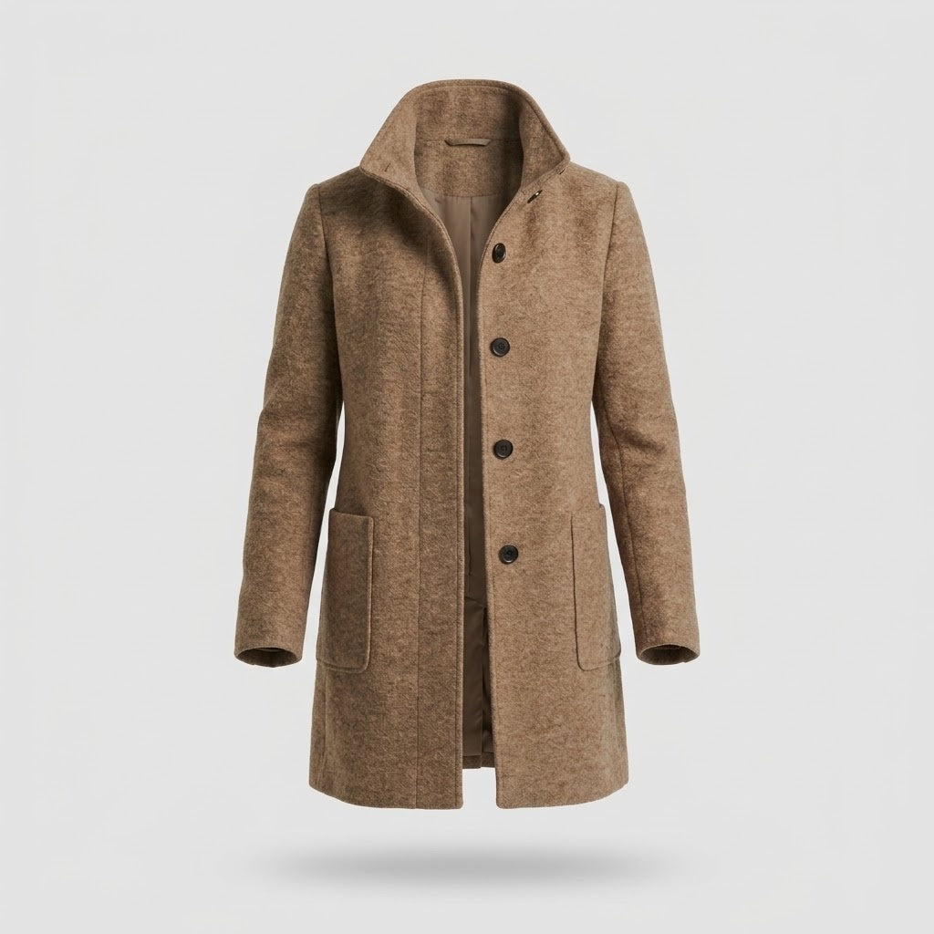 Outerwear : Women's Mid-Length Coat - Stand-Up Collar with Single-Breasted Buttons in van Vanda Liamo
