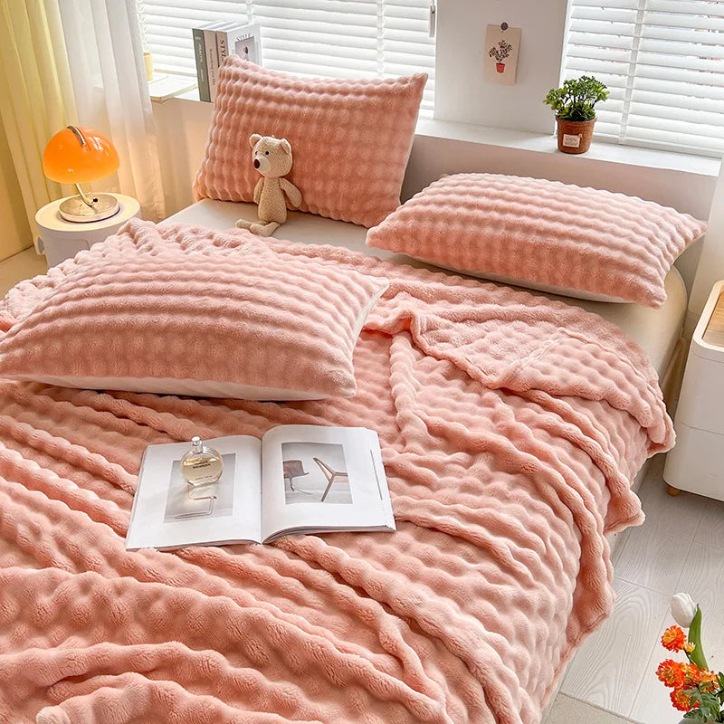 Textured Coral Fleece Throw Blanket for Sofa and Bed