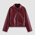 Women's Short Faux Leather Jacket with Zip and Collar
