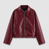 Women's Short Faux Leather Jacket with Zip and Collar
