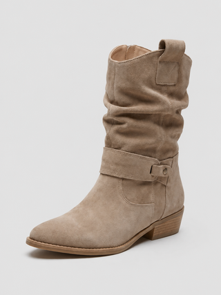 Knöchelstiefel für Damen - Aprikose Wildleder Blockabsatz Stiefeletten mit Grobem Mittelhohem Absatz