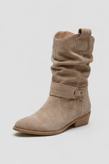Knöchelstiefel für Damen - Aprikose Wildleder Blockabsatz Stiefeletten mit Grobem Mittelhohem Absatz